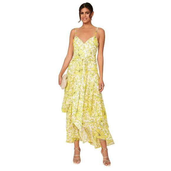 Badgley Mischka Womens Floral Print Dress in Yellow 0 Long Gown - Picture 1 of 14